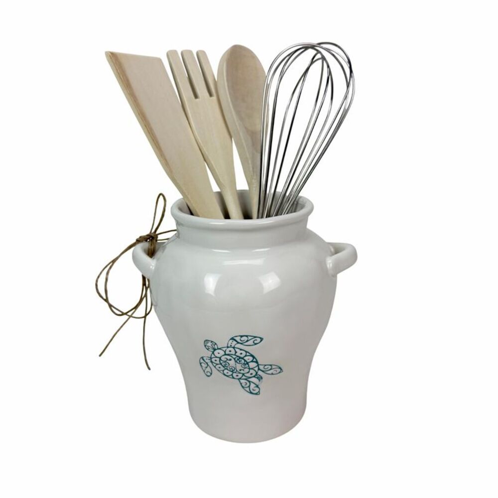 Sea Turtle Ceramic Kitchen Utensil Holder White Glossy 10.5 Inch Tall